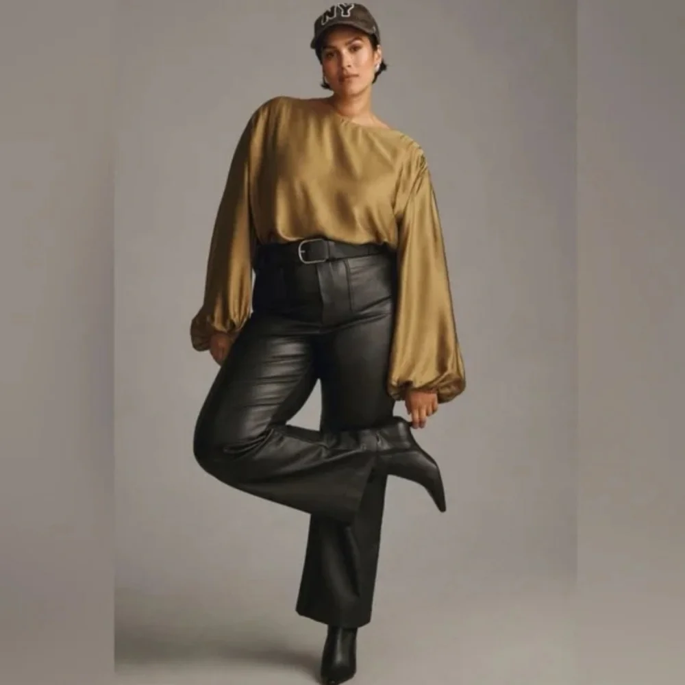 By Anthropologie Olive Green Balloon Sleeve Silky Blouse Top